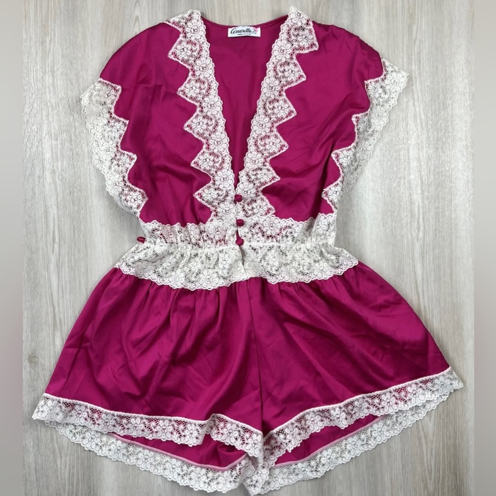 Vintage Amaretta Satin Chantilly Lace Lingerie Teddy Romper Hot Pink Medium USA